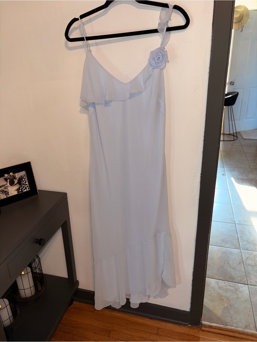 Light Blue One-Shoulder Ruffle Midi Dress